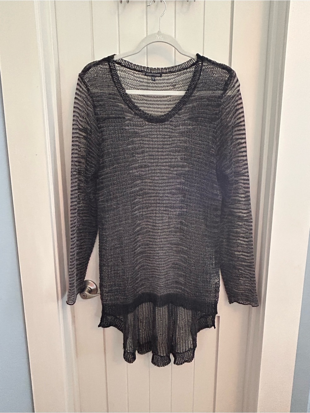 Eileen Fisher Black Gray Sheer Knit Round Hem Long Sleeve Top Linen Mohair XL